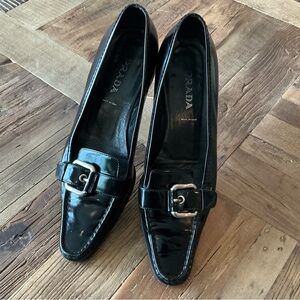 Prada Classic Black Leather Loafer, Silver Buckle, Size 39